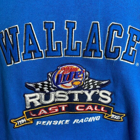 2005 Rusty Wallace Last Call Hoodie Sweatshirt L Blue Embroidered Fleece Pocket - Picture 3 of 7